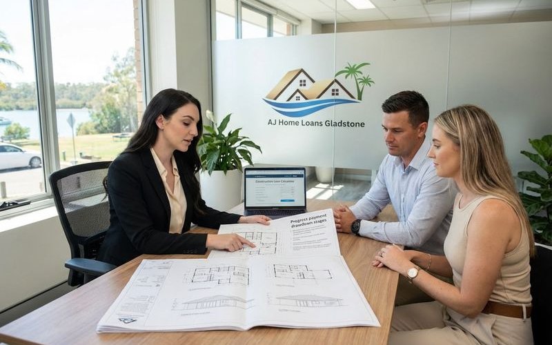 Construction loan consultation with blueprints